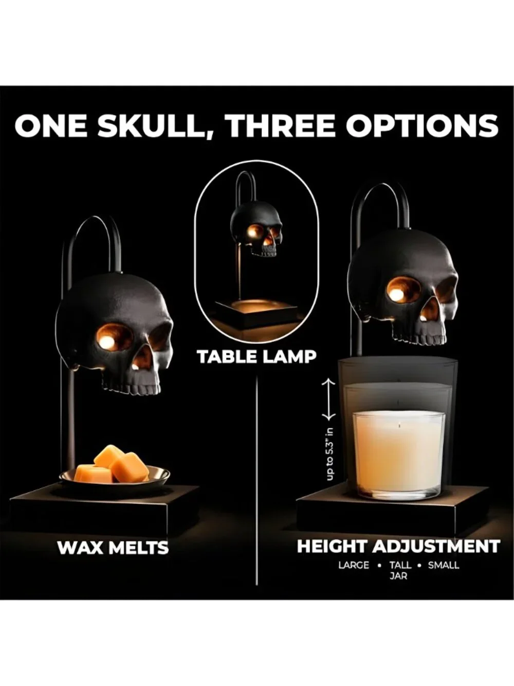 Skull Candle Warmer Lamp, Black Spooky Gothic Decor w/Timer & Dimmer